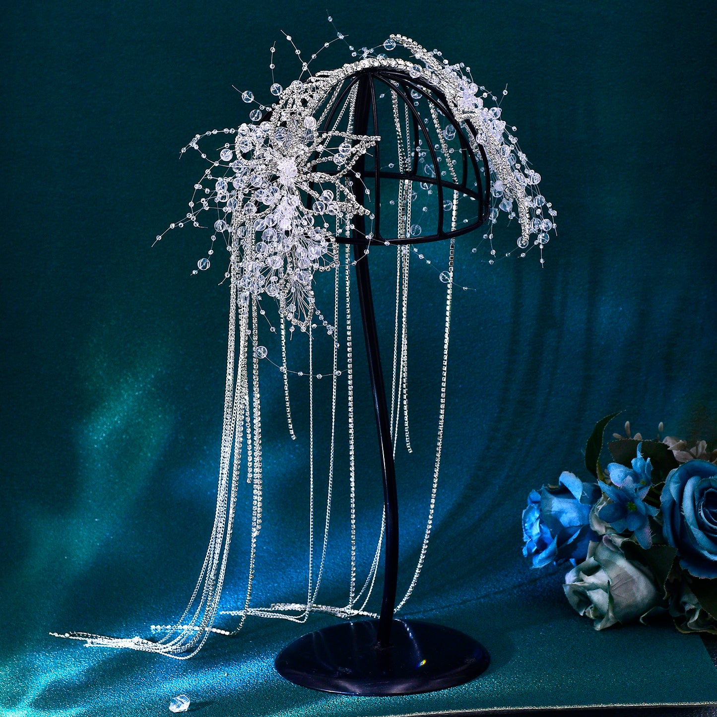 BRIDELLA BHP750 luxurious Long Tassel Wedding Headband Handmade Rhinestone Flower Bride Headwear Customized Hair Accessories