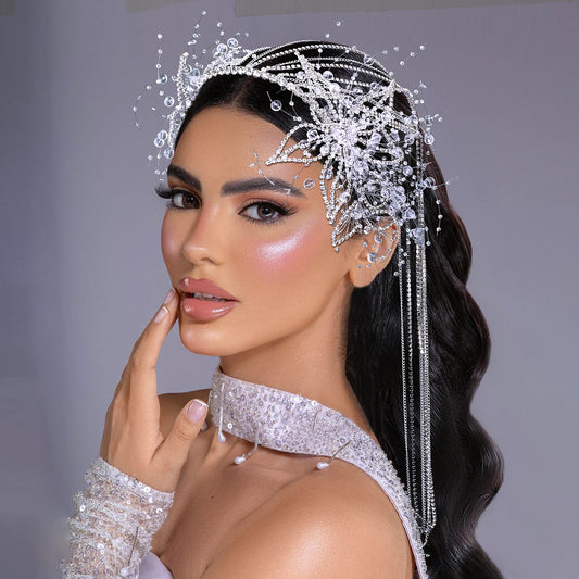 BRIDELLA BHP750 luxurious Long Tassel Wedding Headband Handmade Rhinestone Flower Bride Headwear Customized Hair Accessories