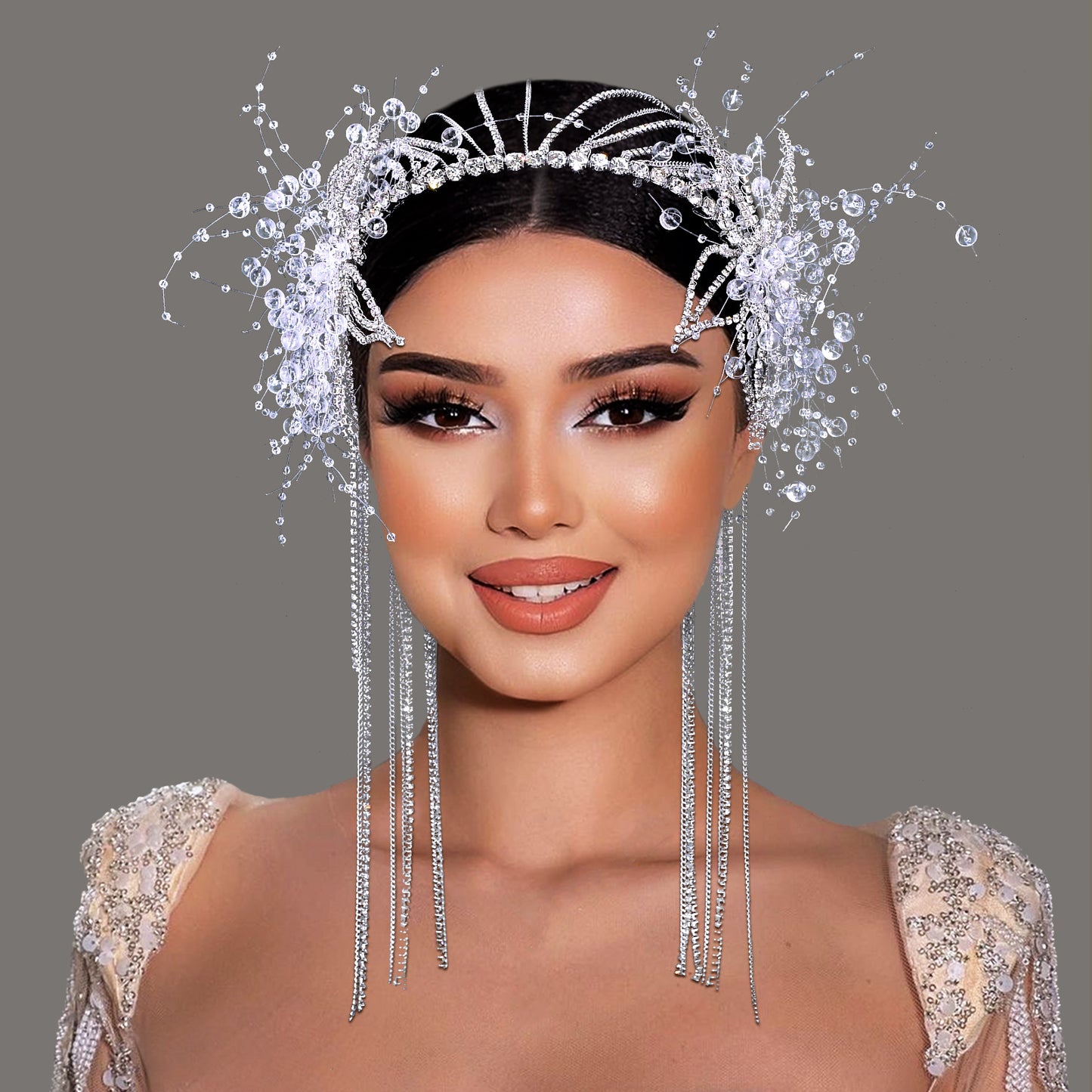 BRIDELLA BHP750 luxurious Long Tassel Wedding Headband Handmade Rhinestone Flower Bride Headwear Customized Hair Accessories