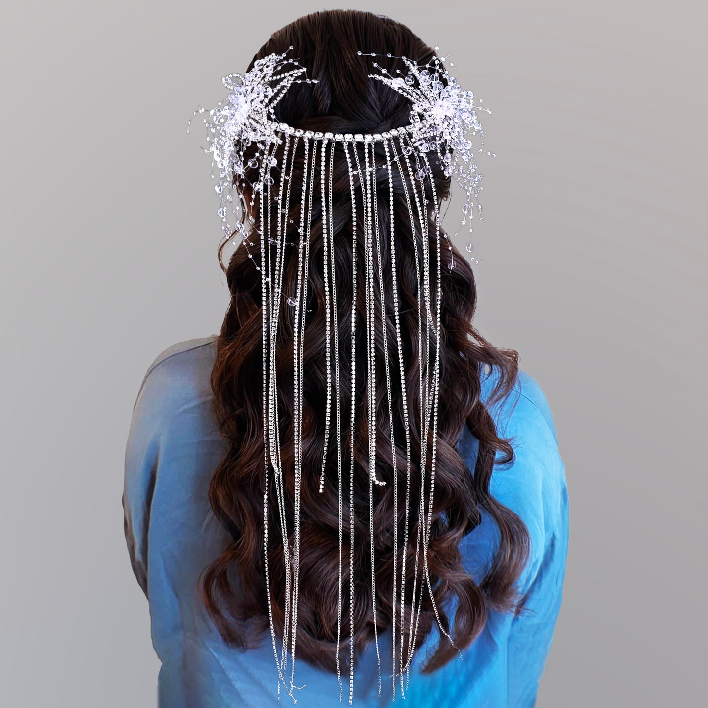 BRIDELLA BHP750 luxurious Long Tassel Wedding Headband Handmade Rhinestone Flower Bride Headwear Customized Hair Accessories