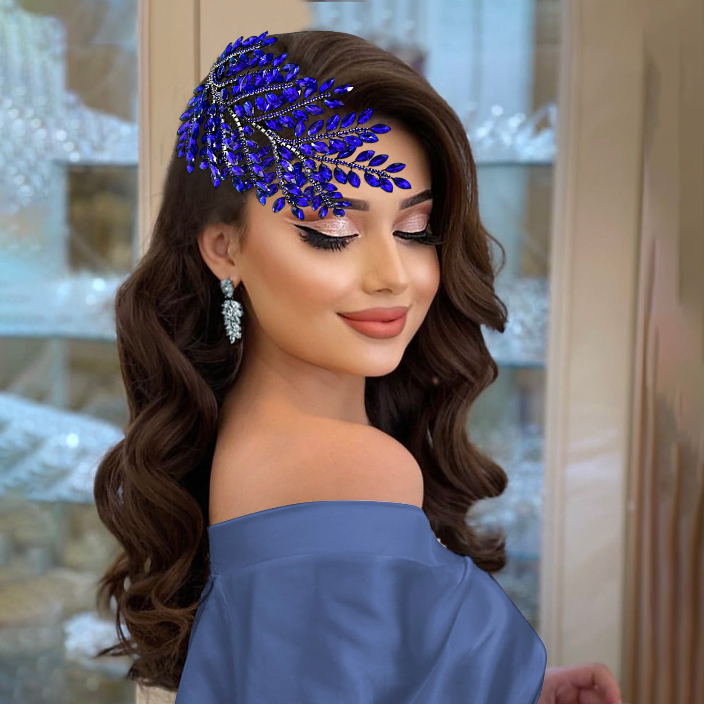BRIDELLA BHP759 Trendy Bride Rhinestone Headband Blue Wedding Bling Headwear Luxury Hair Pieces Women Party Handmade Hair Accessories Black