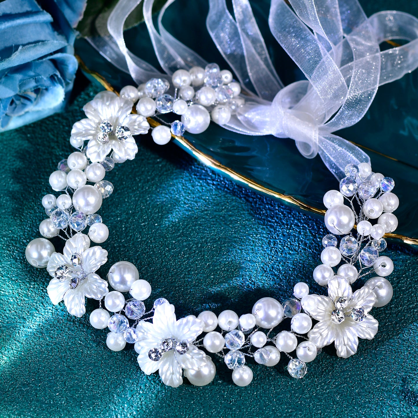 BRIDELLA BHP796  Elegant Pearl Bridal Headbands Crystal Crown Tiara Headwear Wedding Headband Bride Banquet Headdress Accessories