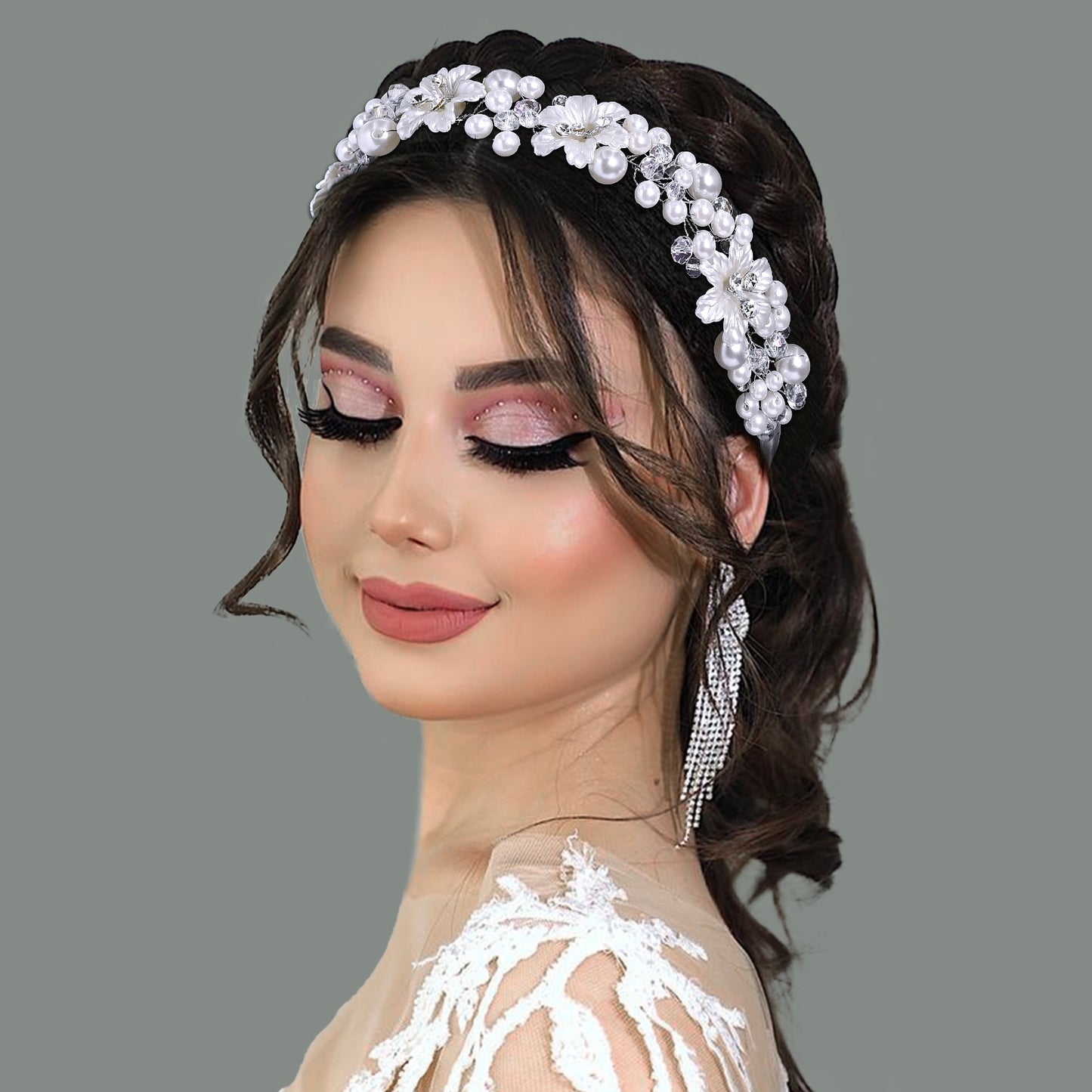 BRIDELLA BHP796  Elegant Pearl Bridal Headbands Crystal Crown Tiara Headwear Wedding Headband Bride Banquet Headdress Accessories