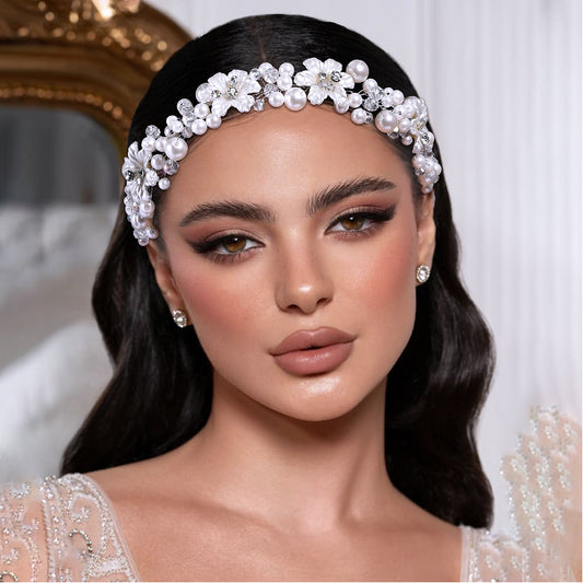 BRIDELLA BHP796  Elegant Pearl Bridal Headbands Crystal Crown Tiara Headwear Wedding Headband Bride Banquet Headdress Accessories