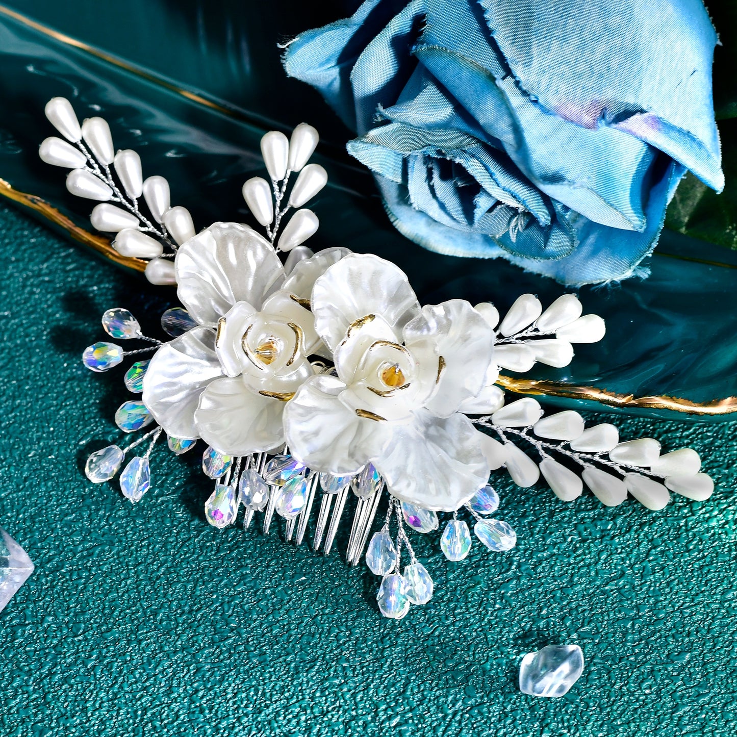 BRIDELLA BHP854 Handmade Hair Comb Wedding Hair Accessories Bride Pearl Headdress Bridesmaid Crystal Headwear with Shell Flowers Holiday Gifts