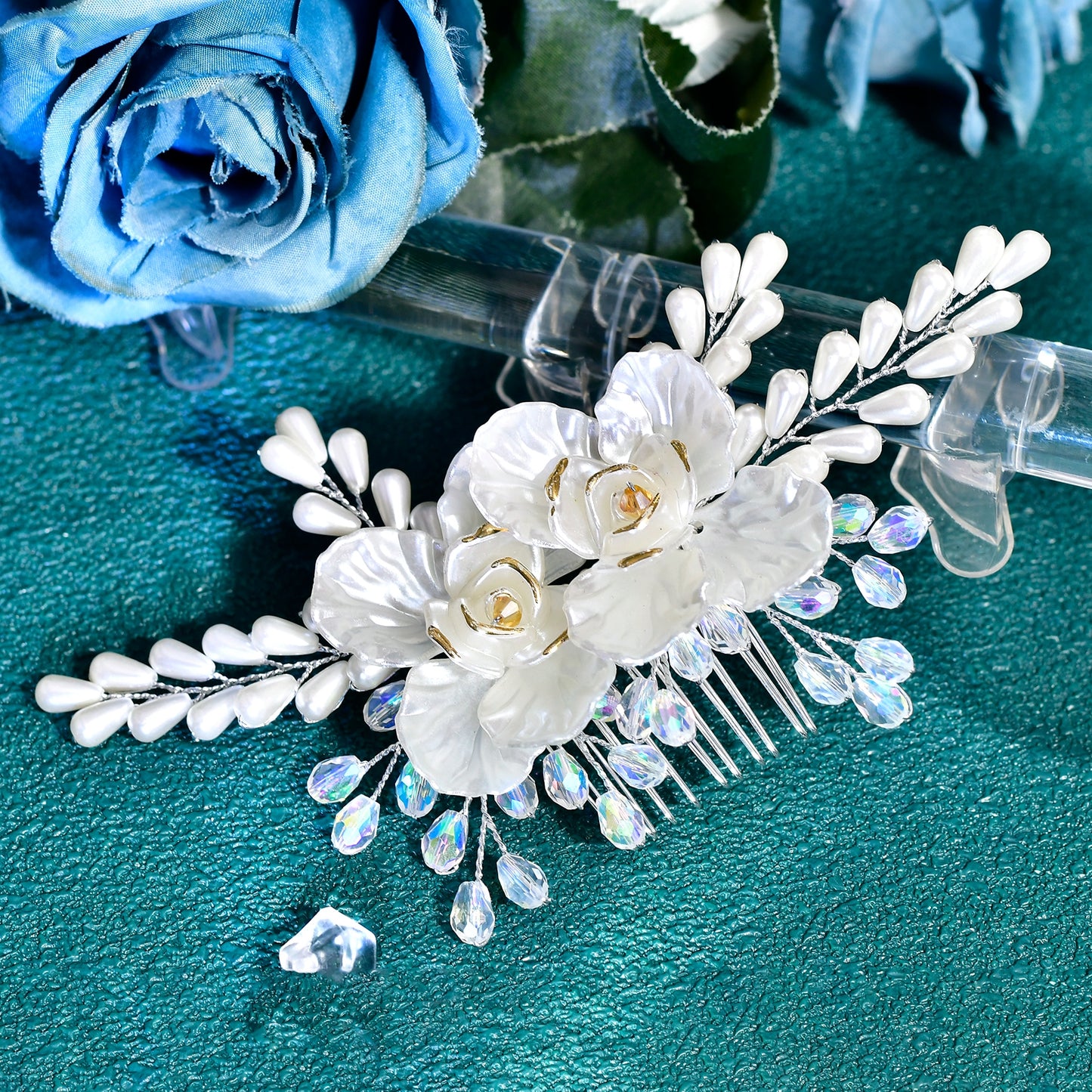 BRIDELLA BHP854 Handmade Hair Comb Wedding Hair Accessories Bride Pearl Headdress Bridesmaid Crystal Headwear with Shell Flowers Holiday Gifts