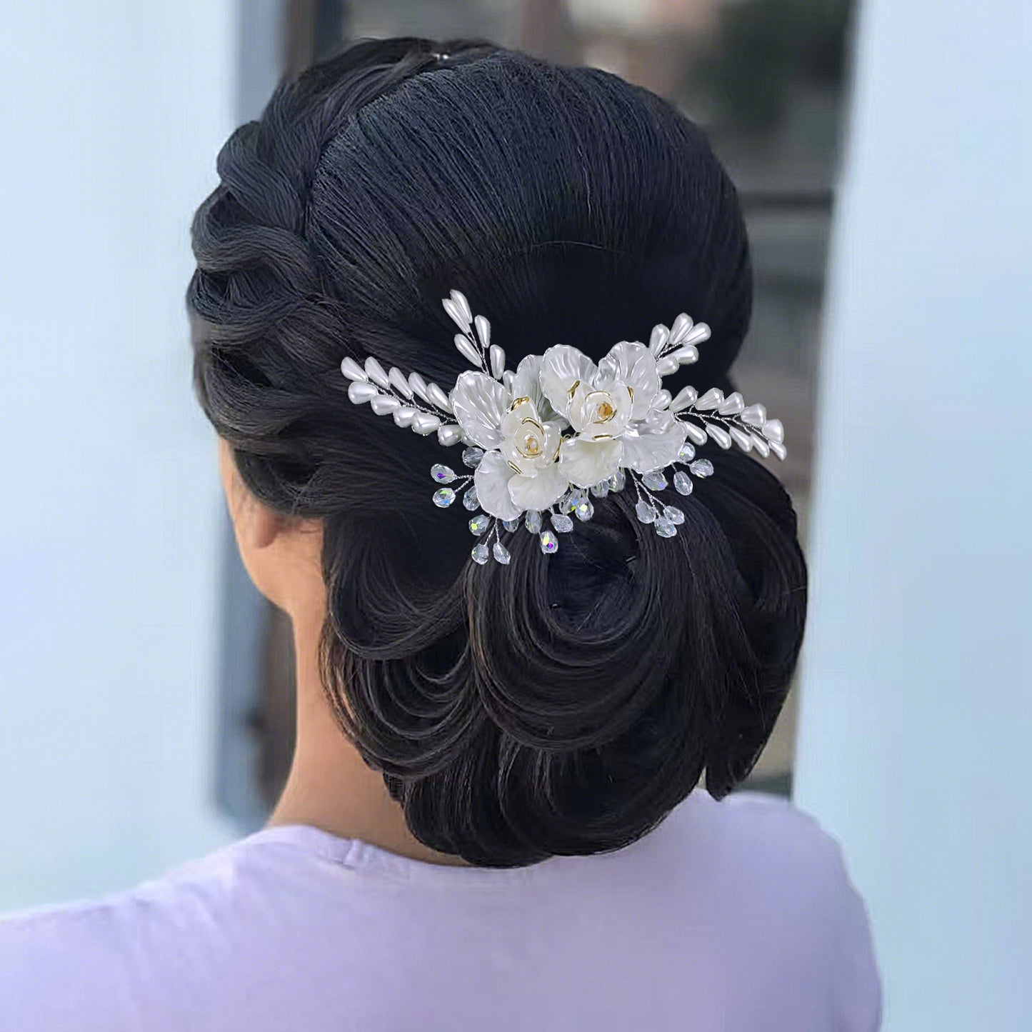 BRIDELLA BHP854 Handmade Hair Comb Wedding Hair Accessories Bride Pearl Headdress Bridesmaid Crystal Headwear with Shell Flowers Holiday Gifts