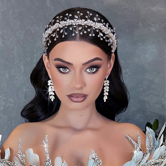 BHP543-S silver rhinestone flower headband