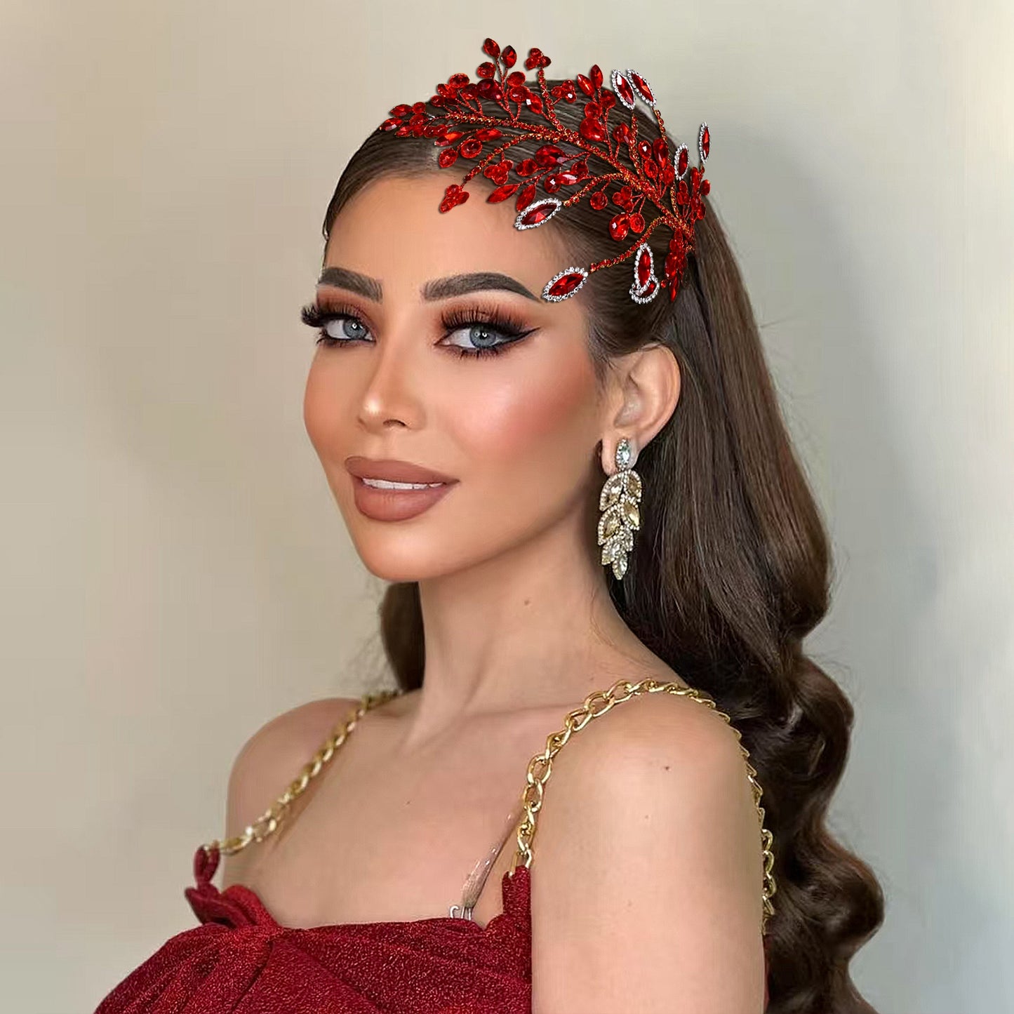 BRIDELLA BHP860 Delicate Shiny Rhinestone Headband Red Wedding Bridal Hair Accessories Women Banquet Party Prom Crystal Headpiece