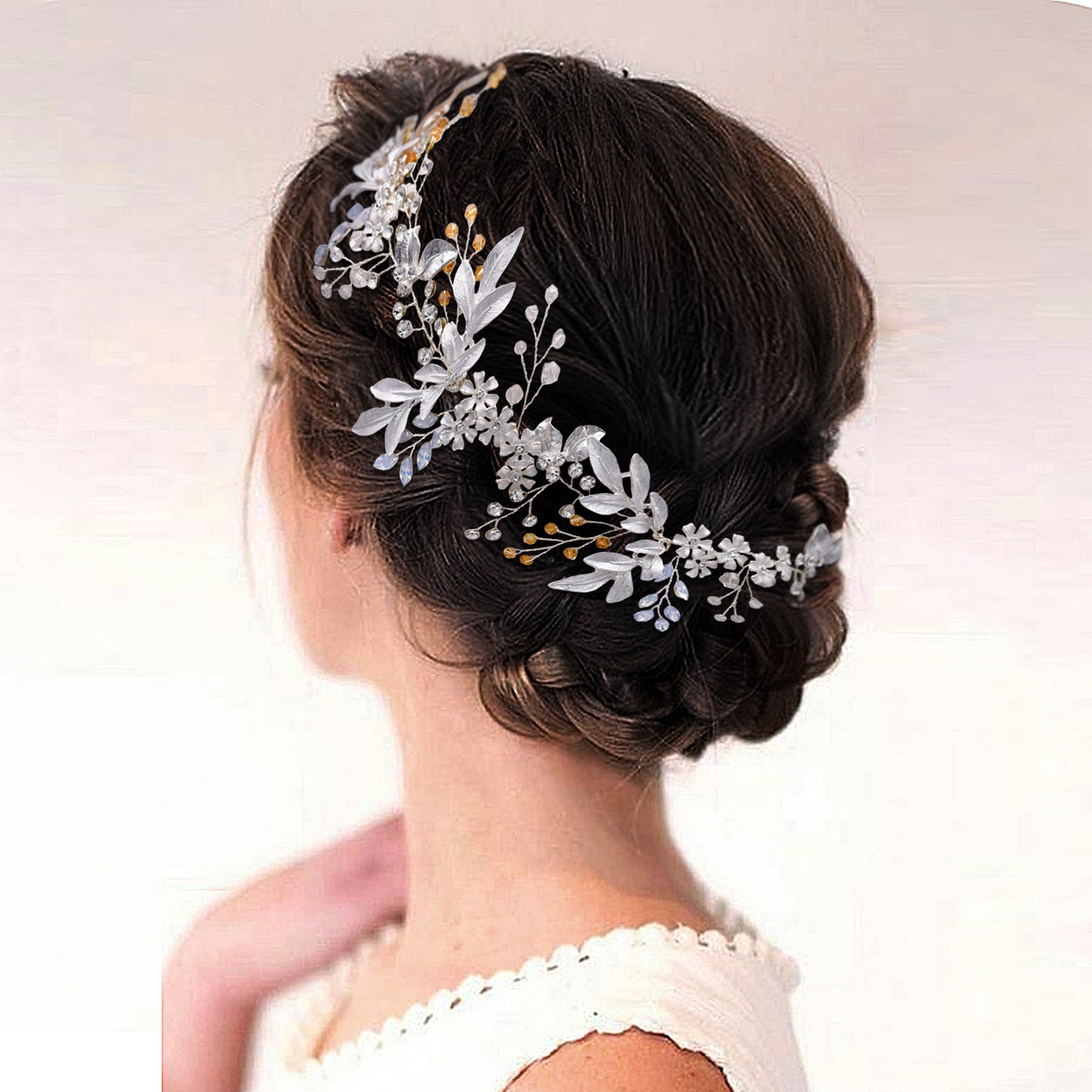 BRIDELLA BHP278  Handmade Gold Daydreaming Diamond Studded Bridal Headband with Crystal Beads Wedding Hair Accessories with Ribbons High-end Bridal Hair Accessories