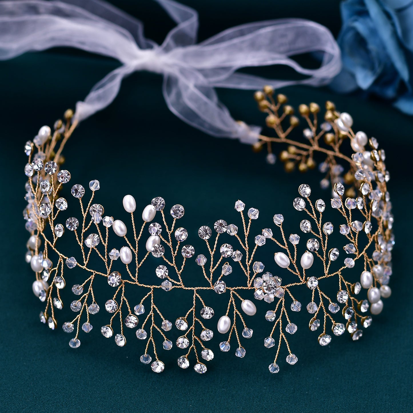 BRIDELLA BHP10 Wedding Hair Accessories Jewelry Handmade Bride Headpiece Crystal Bridal Tiara Pearl Headband for Woman Girls