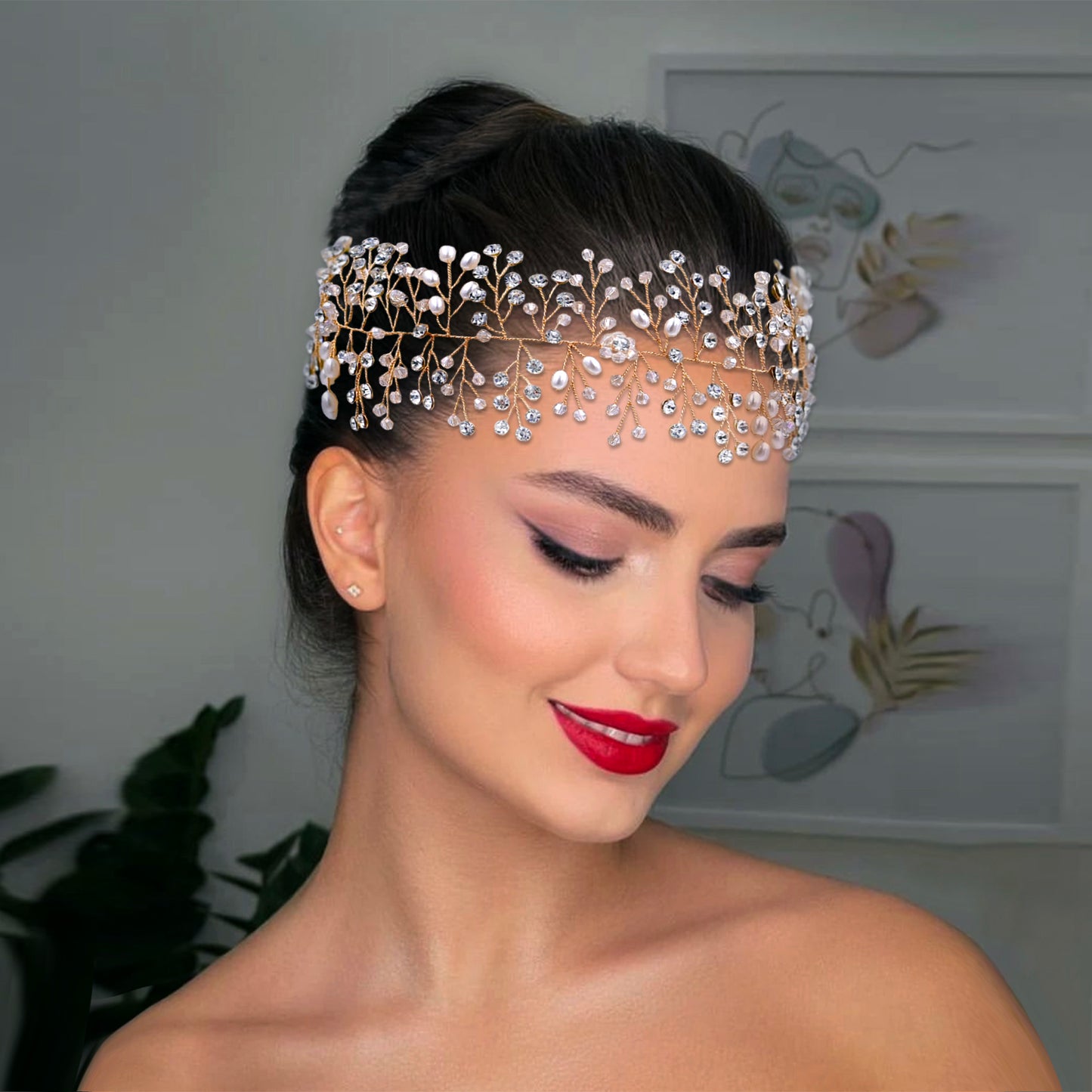 BRIDELLA BHP10 Wedding Hair Accessories Jewelry Handmade Bride Headpiece Crystal Bridal Tiara Pearl Headband for Woman Girls