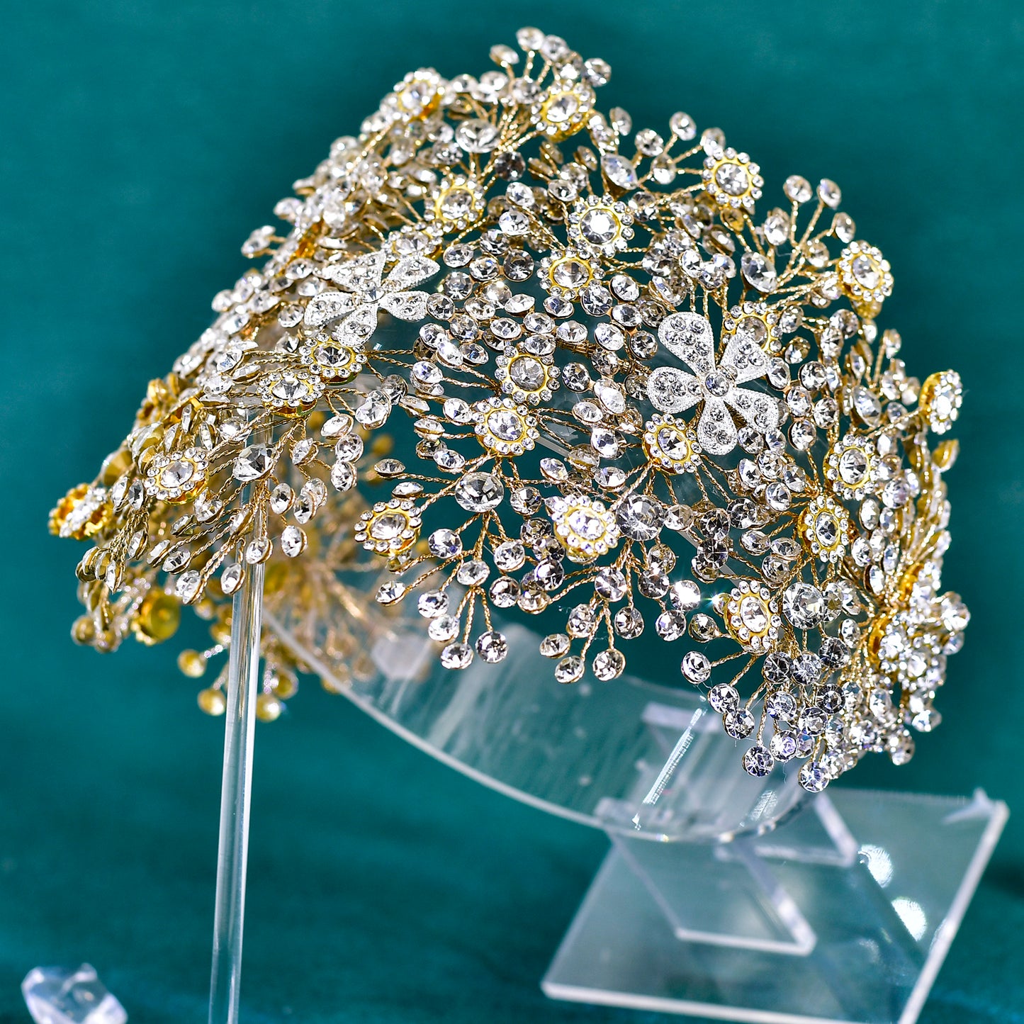 BRIDELLA BHP240 Silver Full Diamond Wide Headband Golden Luxurious Queen Handmade Diamond Wedding Hair Accessory AB-Colorful Bridal Headpiece