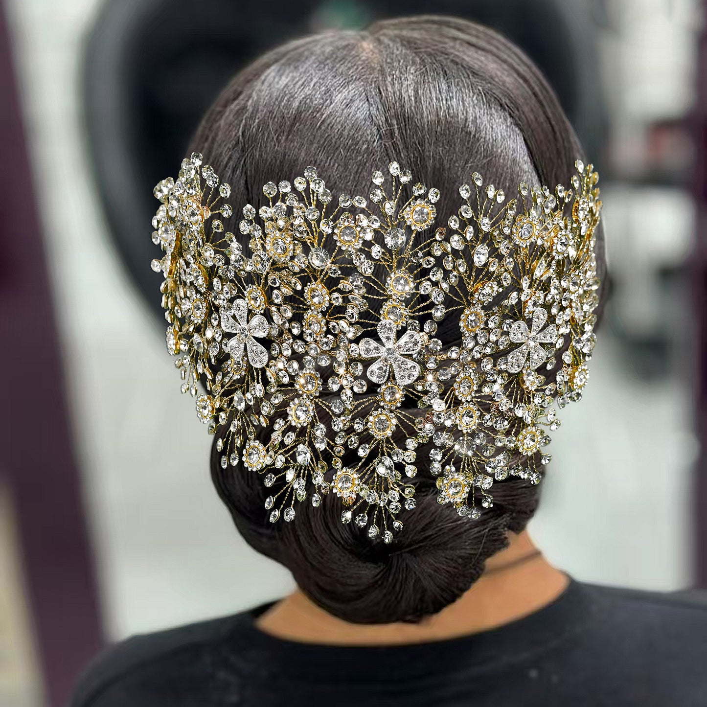 BRIDELLA BHP240 Silver Full Diamond Wide Headband Golden Luxurious Queen Handmade Diamond Wedding Hair Accessory AB-Colorful Bridal Headpiece