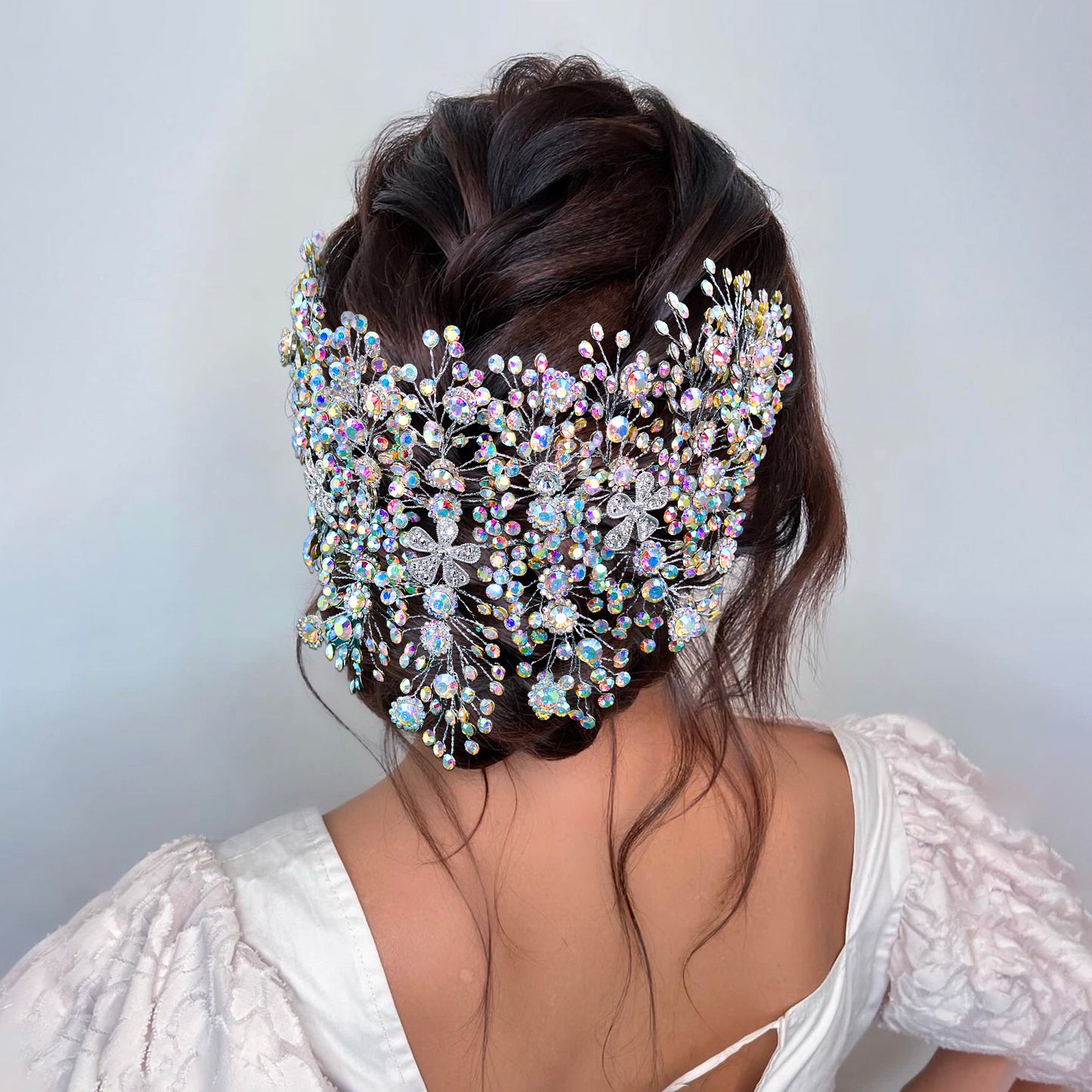 BRIDELLA BHP240 Silver Full Diamond Wide Headband Golden Luxurious Queen Handmade Diamond Wedding Hair Accessory AB-Colorful Bridal Headpiece