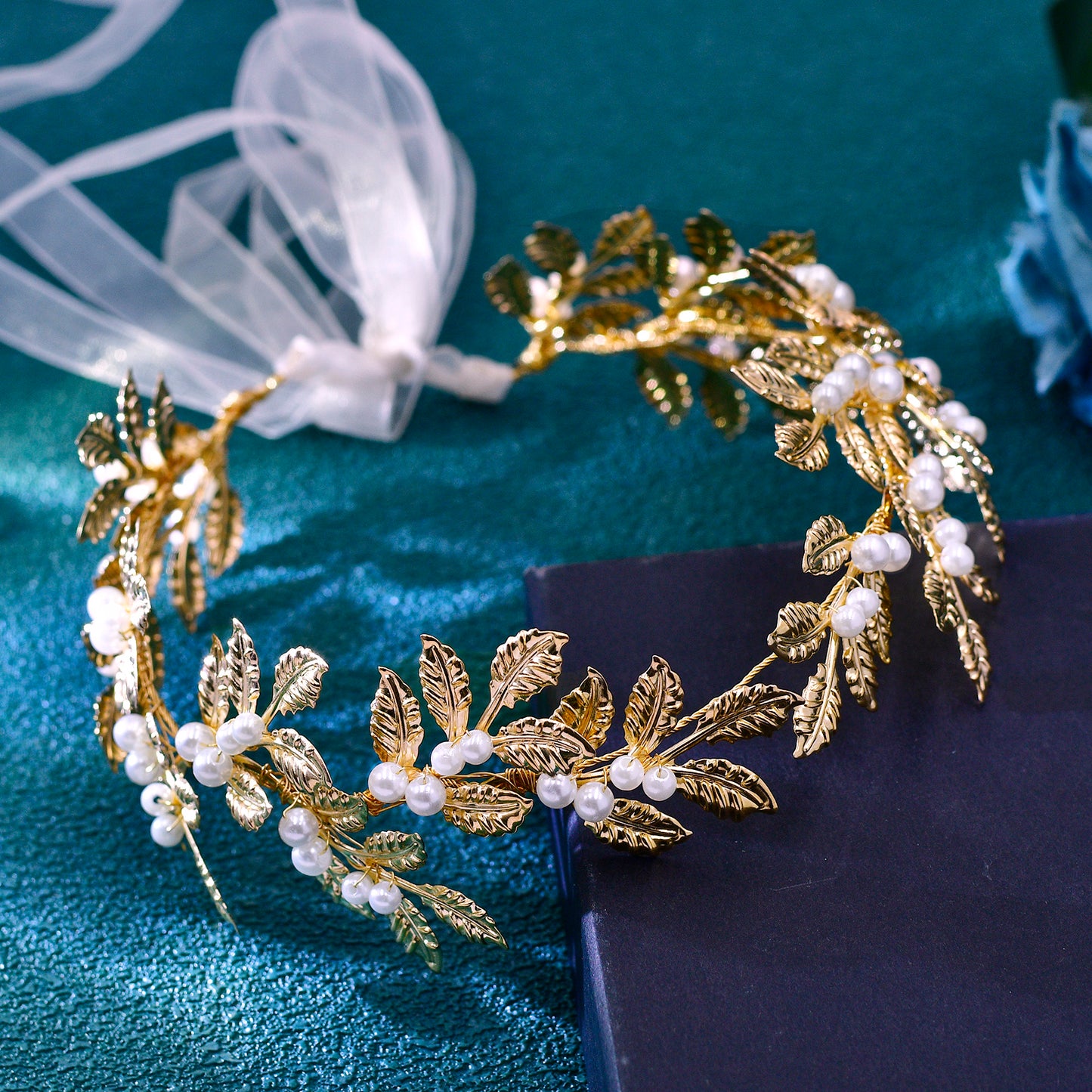 BRIDELLA BHP353 Wedding Bridal Headband Alloy Leaf Pearl Headpiece Multi Colored Handmade Hair Accessories Banquet Party Hairwear Ribbon