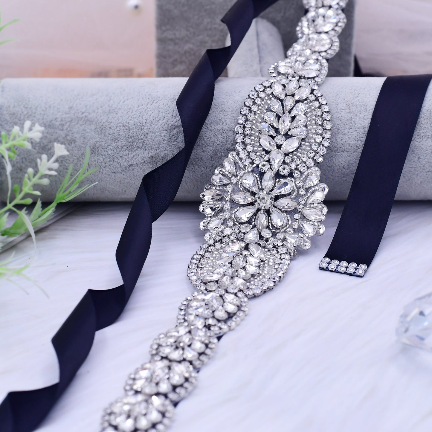 BRIDELLA  BS02 Silver Glass Diamond Wedding Belt  Dress Accessories