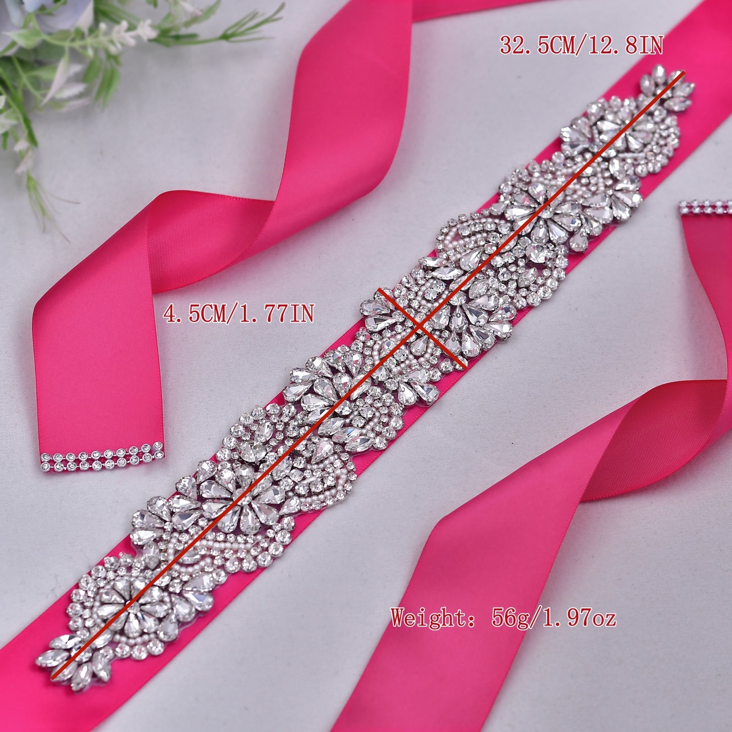 BRIDELLA BS120 Silver Elegant Holiday Waist Accessory With Rose Red Satin Ribbon That