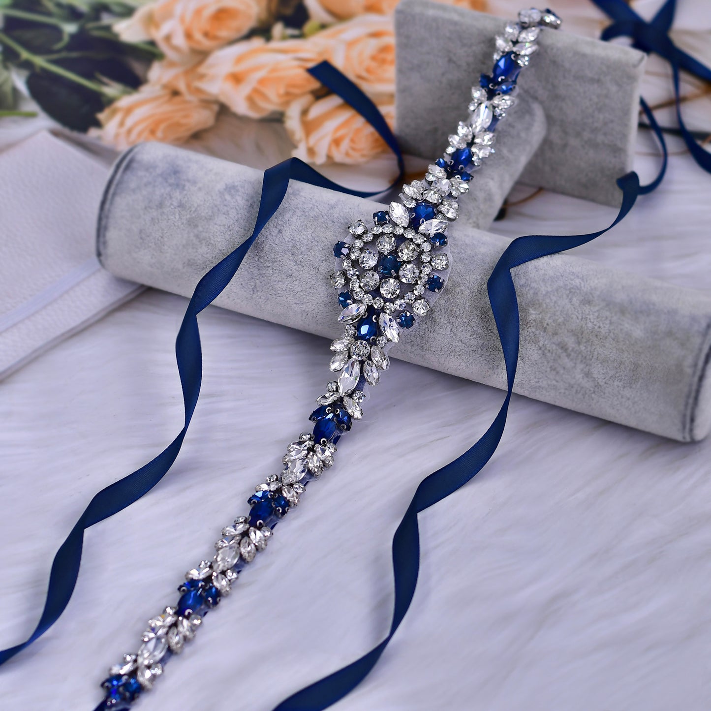 BRIDELLA BS124ML Handmade Dark Blue Rhinestone Waistband Unique Holiday Fashion Accessory