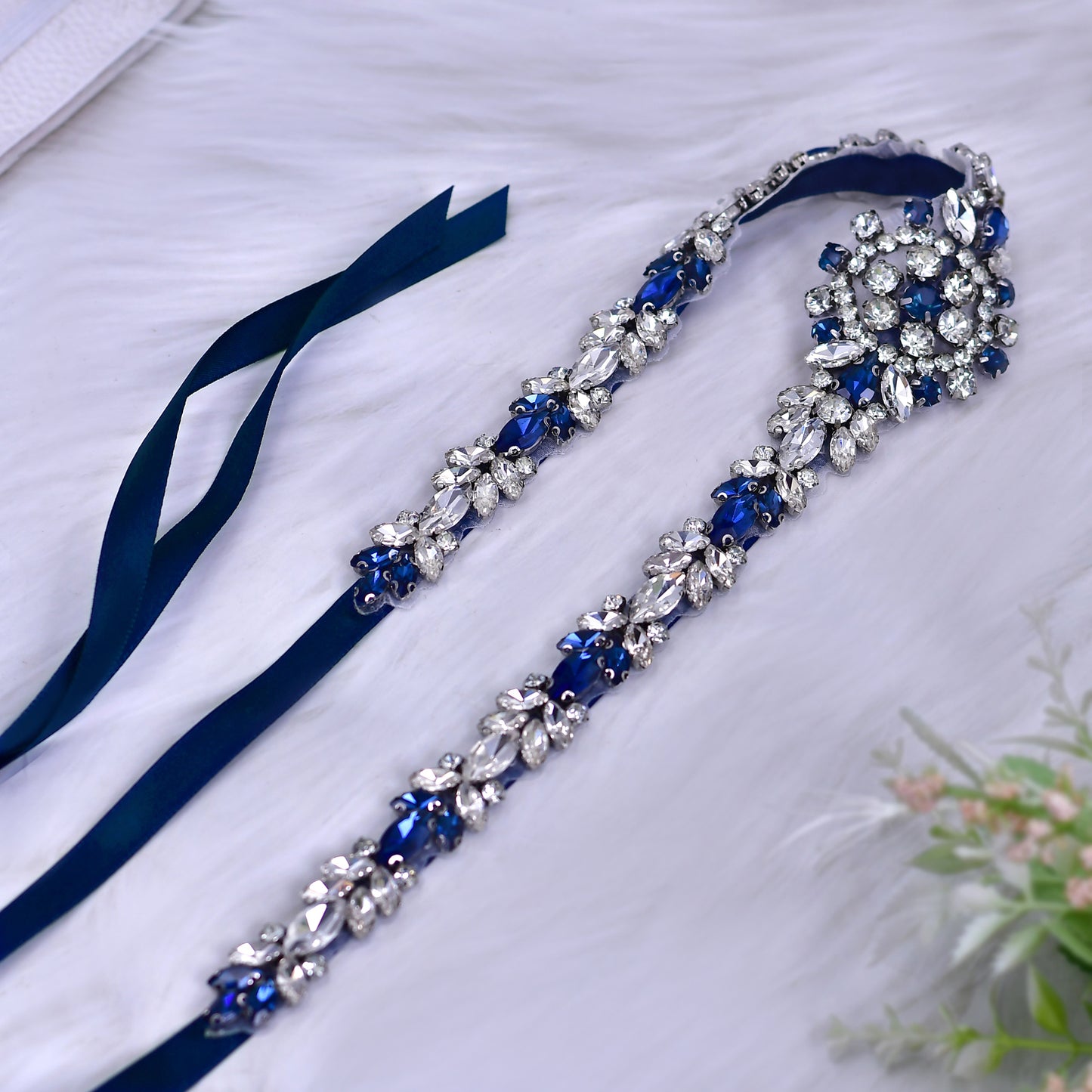 BRIDELLA BS124ML Handmade Dark Blue Rhinestone Waistband Unique Holiday Fashion Accessory