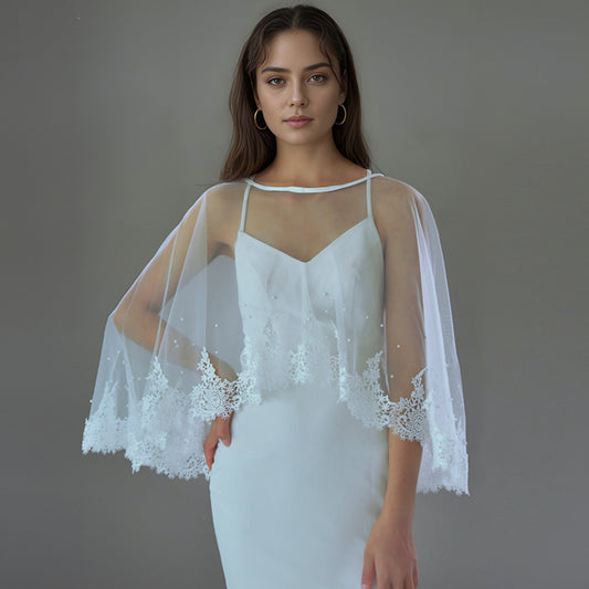 BRIDELLA BMG32 1pcs Women's Shawl Waistcoat Cape Edge Lace Faux Pearl Decoration Cover Arms Suitable For Party Evening Dress Matching