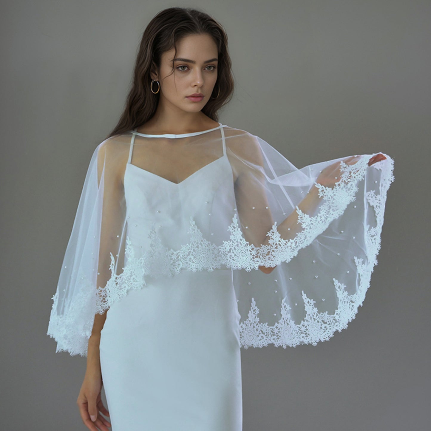 BRIDELLA BMG32 1pcs Women's Shawl Waistcoat Cape Edge Lace Faux Pearl Decoration Cover Arms Suitable For Party Evening Dress Matching