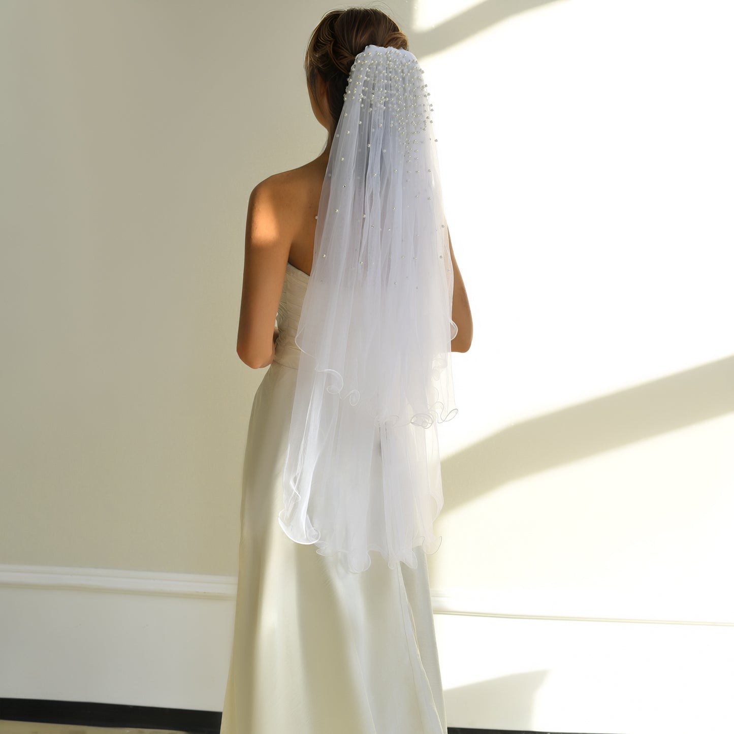 BRIDELLA BM32  2 Layers Of Bridal Veil Short Pearl Decorative Outdoor Wedding Accessories Vestidos De Novia Tocado De Novia