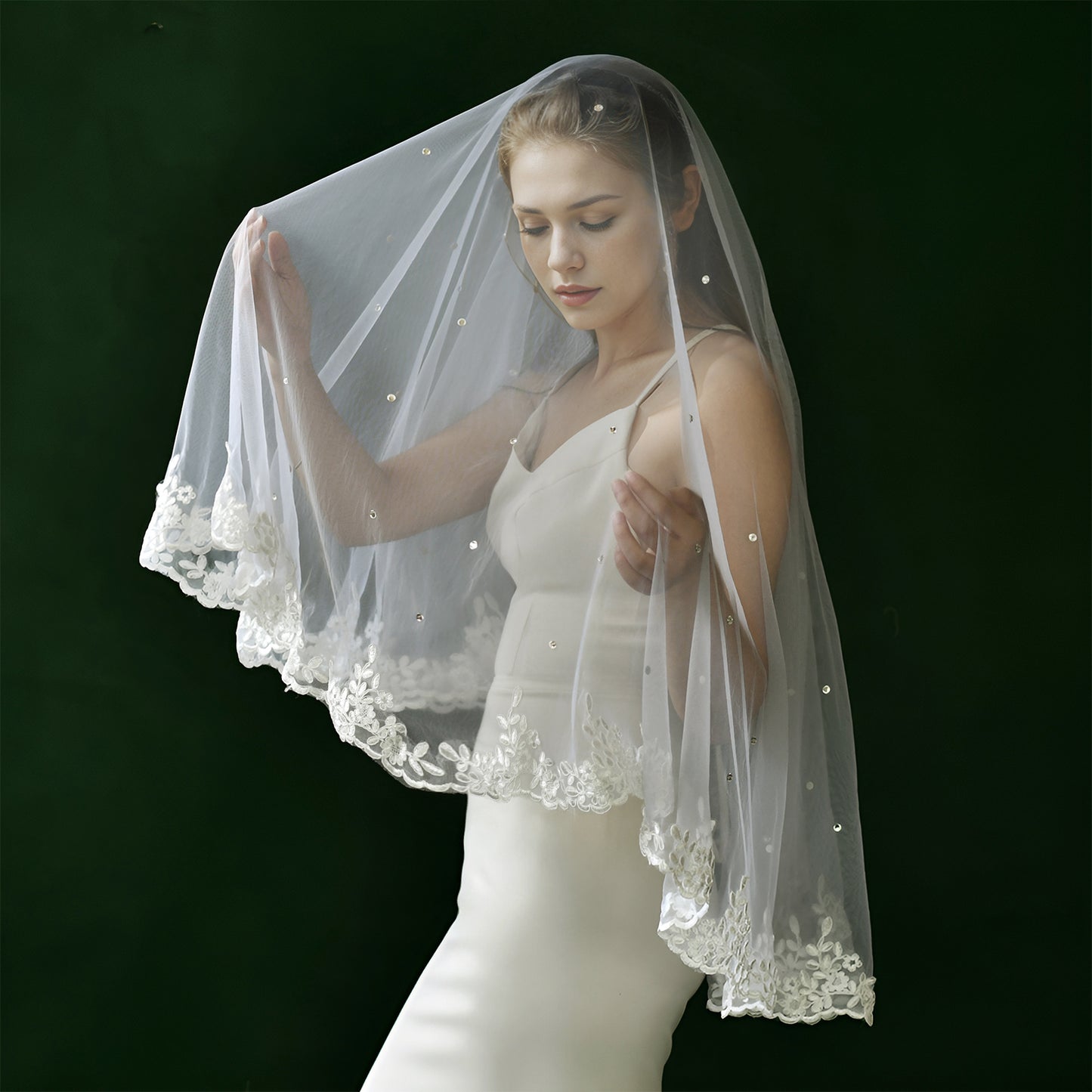 BRIDELLA BM37  Romantic White Lace With Pearl Single-Layer Veil Wedding Accessory Hairless Comb Available For Customization