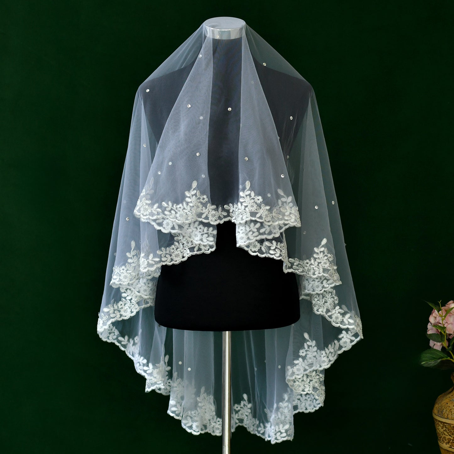 BRIDELLA BM37  Romantic White Lace With Pearl Single-Layer Veil Wedding Accessory Hairless Comb Available For Customization