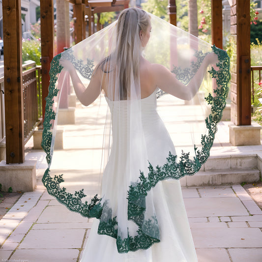BRIDELLA BM112 Gentle Lace Bridal Veil Vintage Green Embroidery Edge Wedding Veil Elegant Bridal Lace Veil Tulle Wedding Accessories （No Comb）