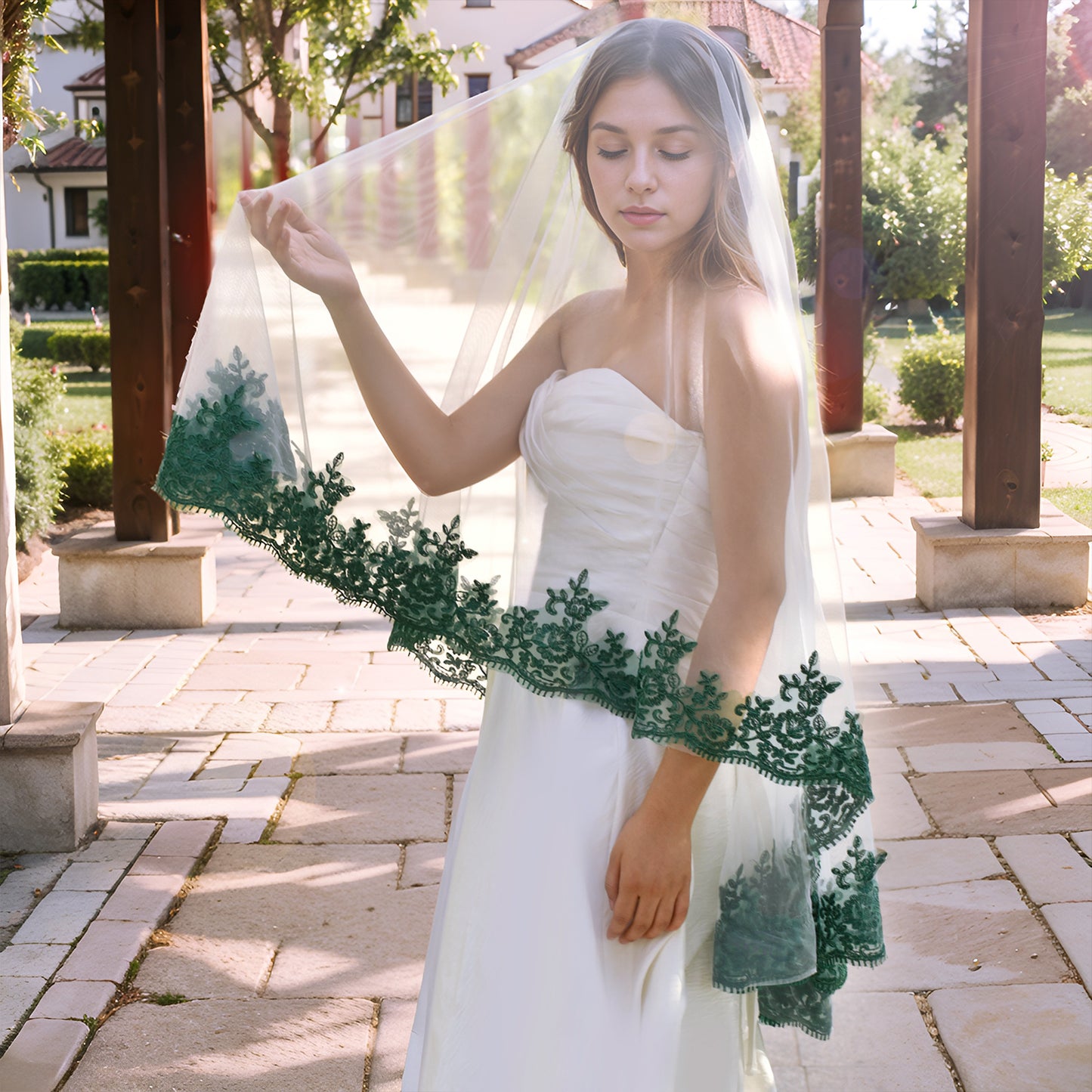BRIDELLA BM112 Gentle Lace Bridal Veil Vintage Green Embroidery Edge Wedding Veil Elegant Bridal Lace Veil Tulle Wedding Accessories （No Comb）