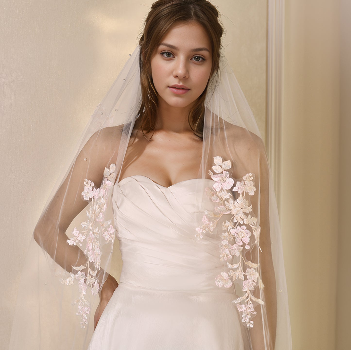 BRIDELLA BM113  Embroidered Floral Piece Pearl Decoration Bridal Veil Waltz Wedding Accessories Beige With Hair Comb Soft Tulle