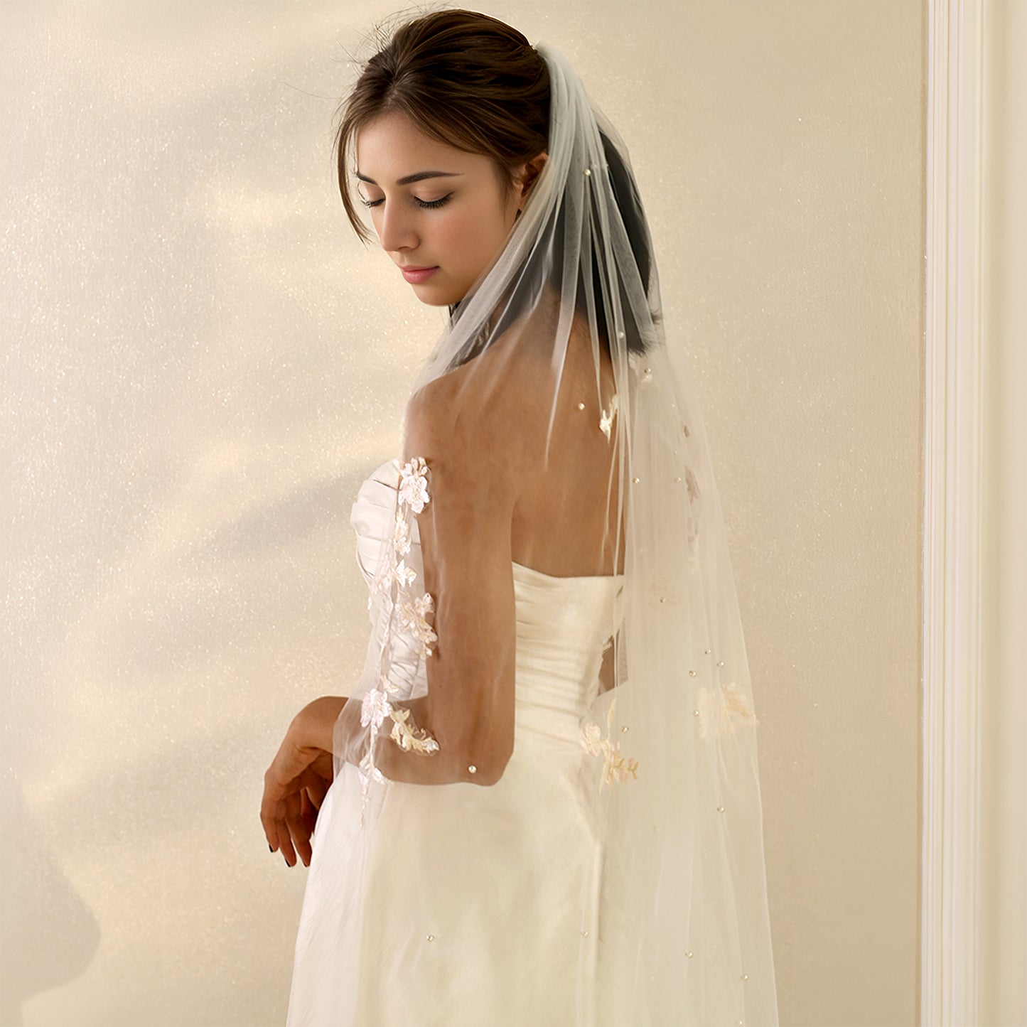 BRIDELLA BM113  Embroidered Floral Piece Pearl Decoration Bridal Veil Waltz Wedding Accessories Beige With Hair Comb Soft Tulle
