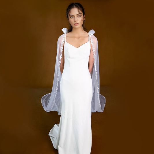 BRIDELLA BMG26 1Pcs Long Trailing Bridal Cape With Leaf Decoration Edge Covering Arms Suitable For Wedding Dress Accessories
