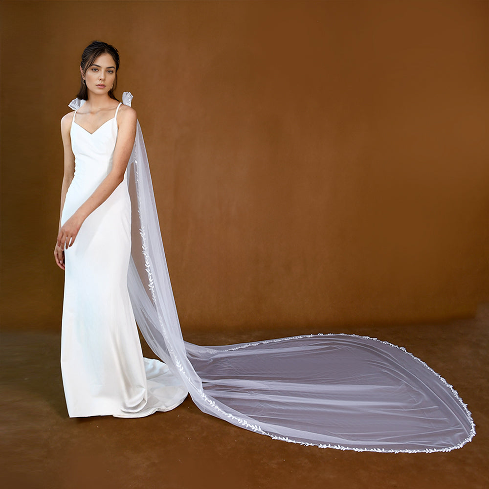 BRIDELLA BMG26 1Pcs Long Trailing Bridal Cape With Leaf Decoration Edge Covering Arms Suitable For Wedding Dress Accessories