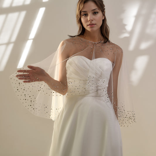 BRIDELLA BMG34 Rhinestone-Edged Wedding Shawl White Mesh Wedding Cloak  Shiny Bridal Jacket Hen Party Wedding Accessories