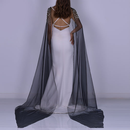BRIDELLA BMG42 Black Handmade Beaded Long Tail Shawl Bridal Dress Accessories