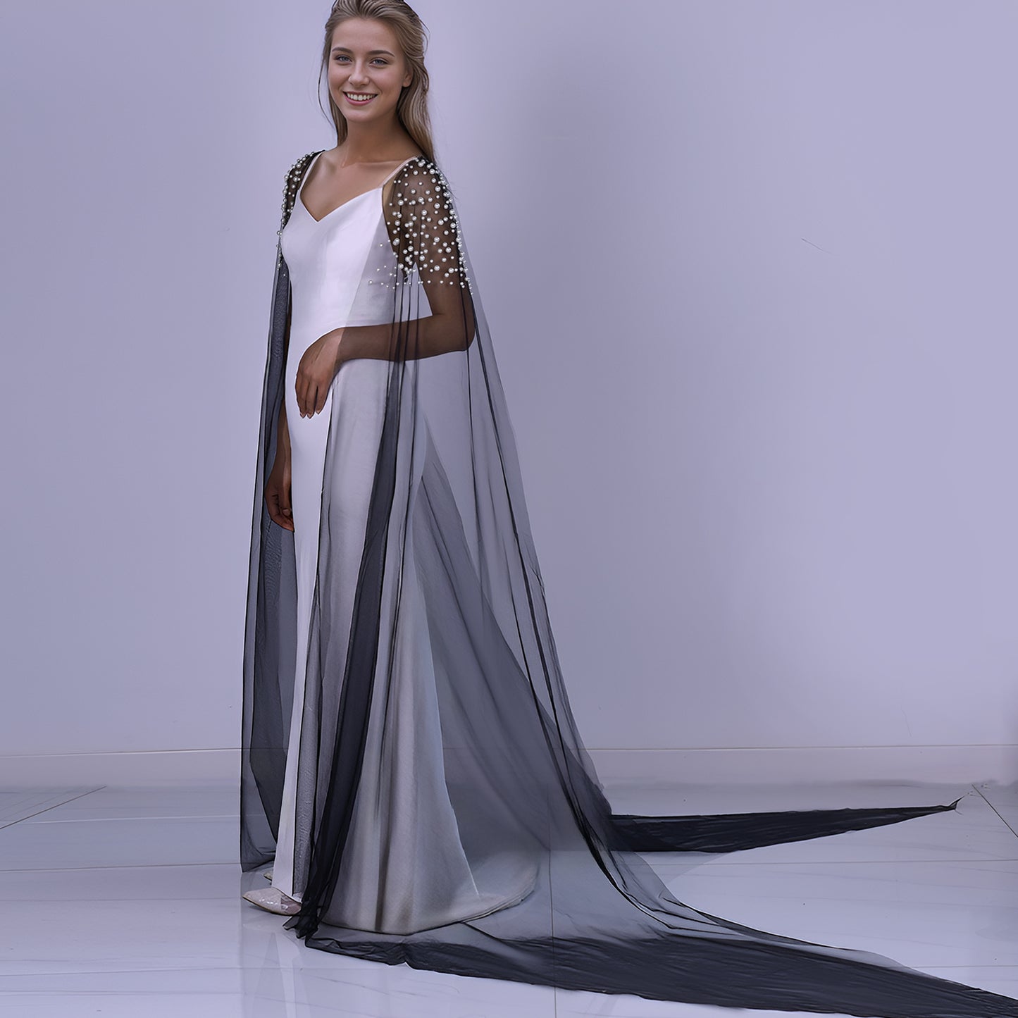 BRIDELLA BMG42 Black Handmade Beaded Long Tail Shawl Bridal Dress Accessories