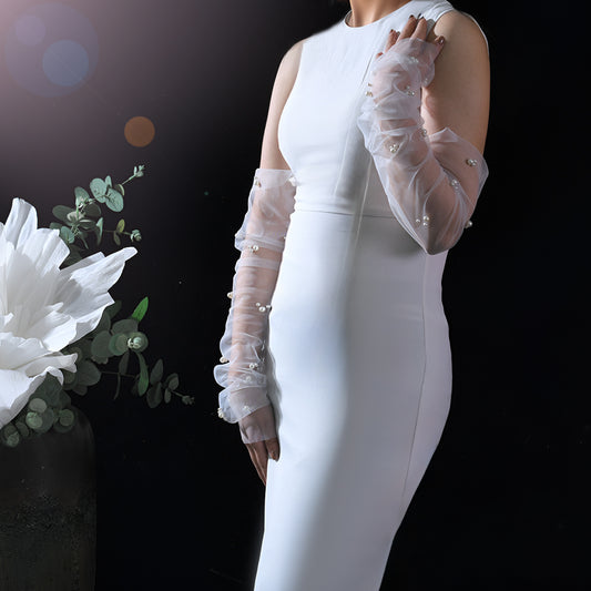 BRIDELLA BMM38 White Elbow Pearl Cuff Bridal Gloves No Fingers Wedding Accessories Ladies Birthday Party Dress Match