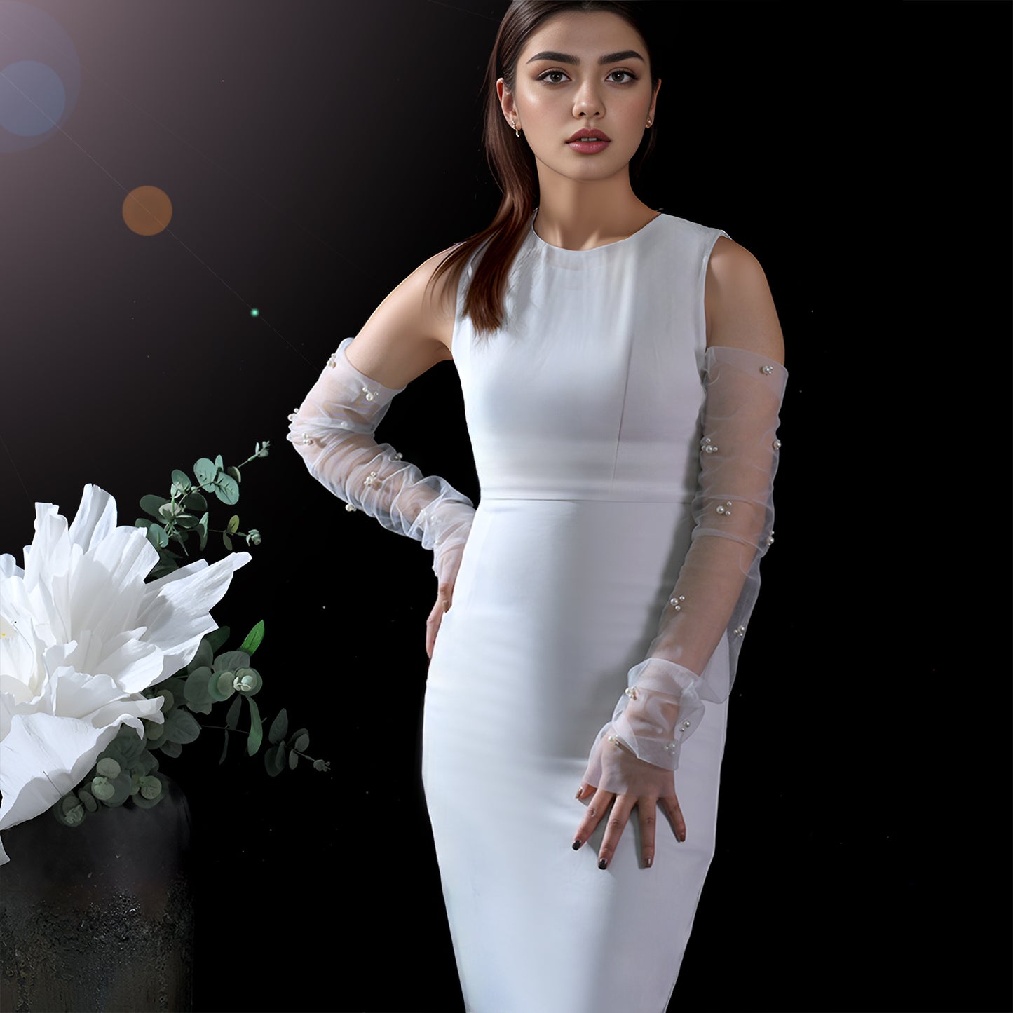 BRIDELLA BMM38 White Elbow Pearl Cuff Bridal Gloves No Fingers Wedding Accessories Ladies Birthday Party Dress Match