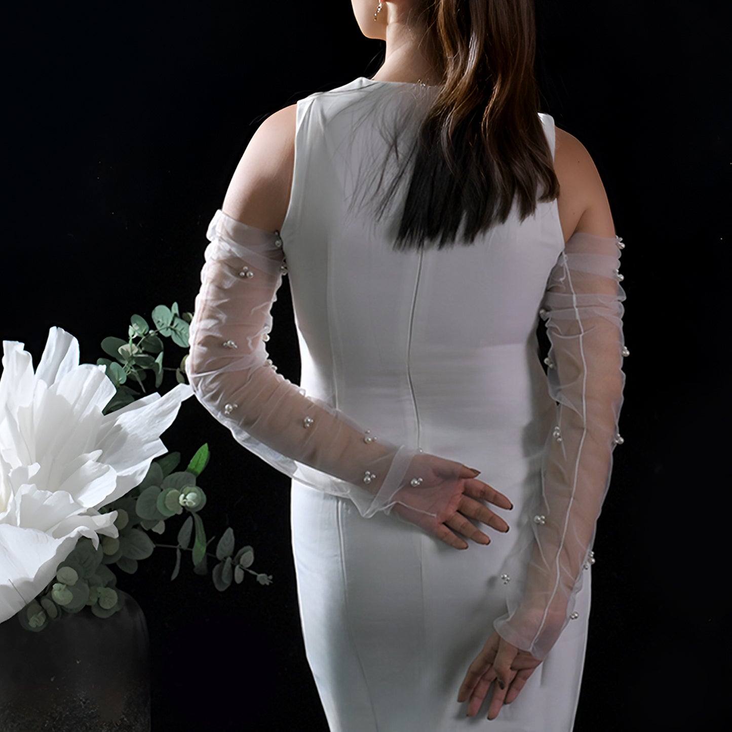 BRIDELLA BMM38 White Elbow Pearl Cuff Bridal Gloves No Fingers Wedding Accessories Ladies Birthday Party Dress Match