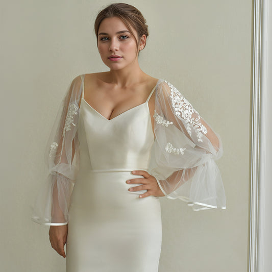 BRIDELLA BMM45 Long White Ribbon-Trimmed Fingerless Embroidered Bridal Sleeves Wedding Accessories Detachable Sleeves For Woman