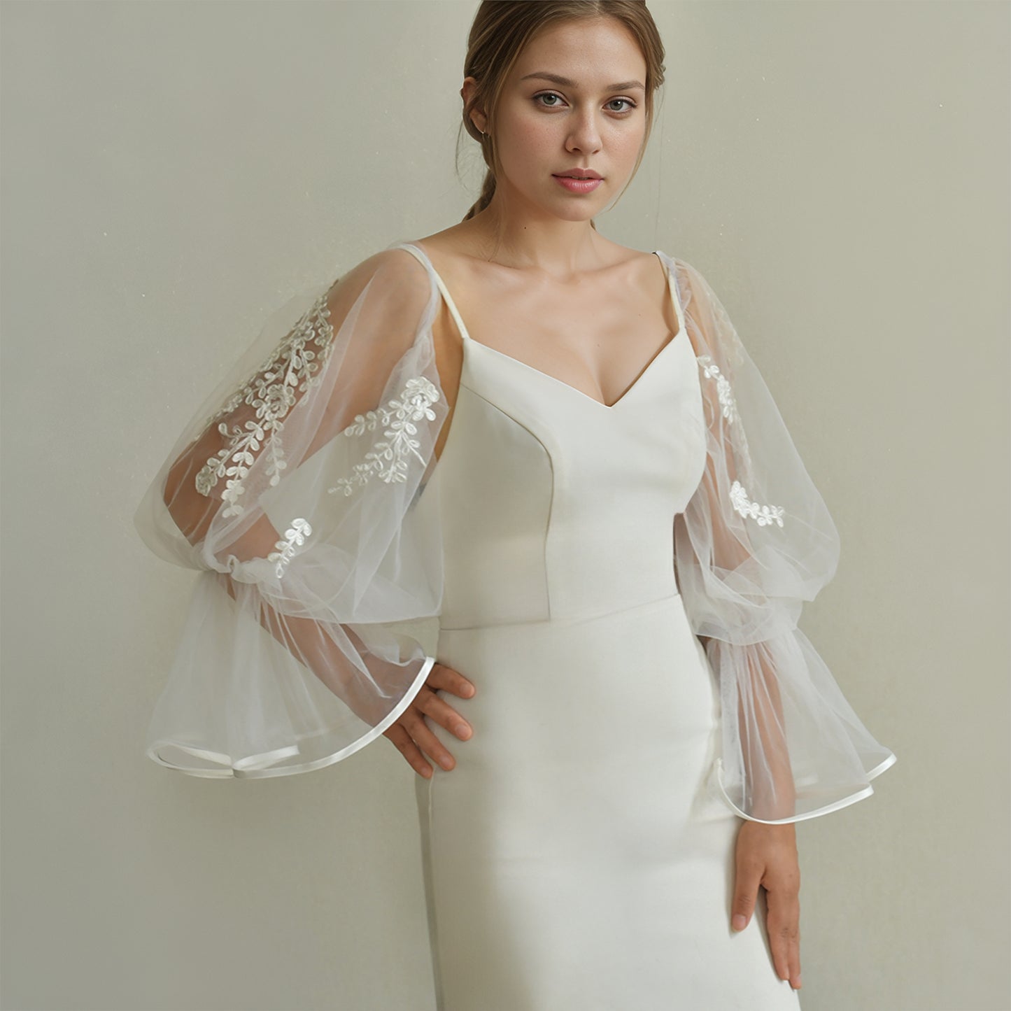 BRIDELLA BMM45 Long White Ribbon-Trimmed Fingerless Embroidered Bridal Sleeves Wedding Accessories Detachable Sleeves For Woman