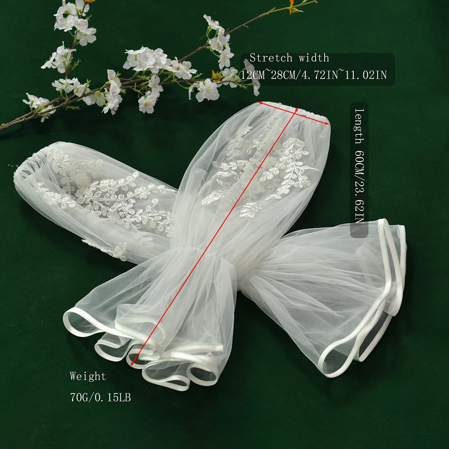 BRIDELLA BMM45 Long White Ribbon-Trimmed Fingerless Embroidered Bridal Sleeves Wedding Accessories Detachable Sleeves For Woman