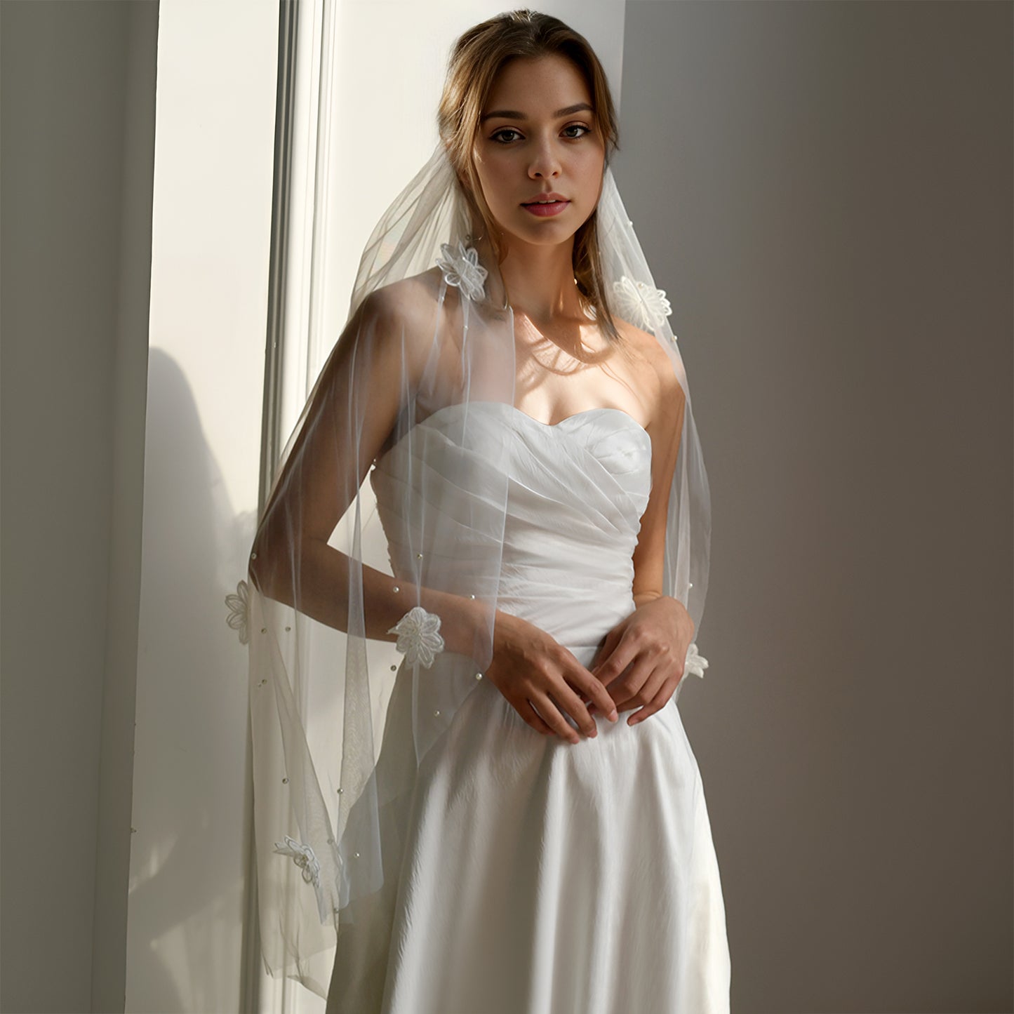BRIDELLA BM114 White Short Lace Embroidered Flower Bridal Veil With Hair Comb Wedding Dress Accessories