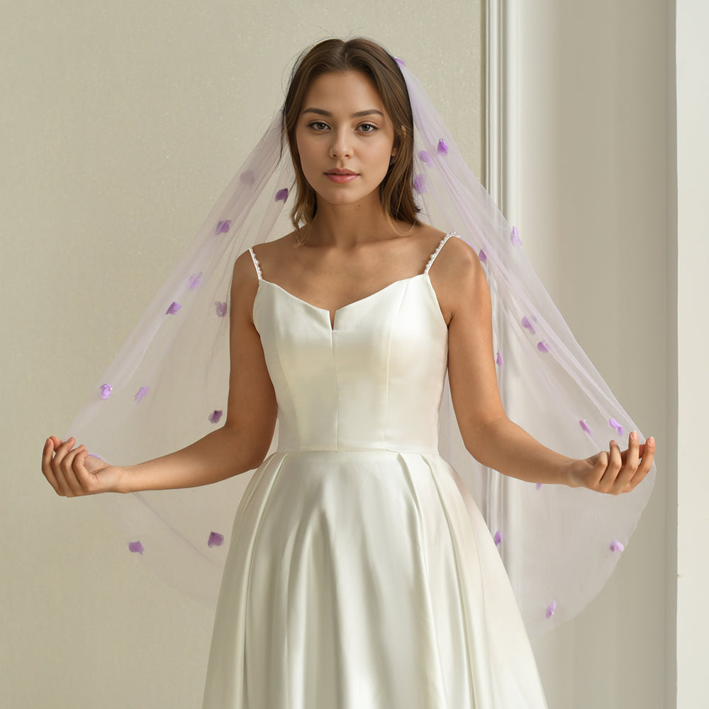 BRIDELLA BM131  Purple Floral Flake Pearl Single-Layer Hair Comb Short Bridal Veil Wedding Accessories