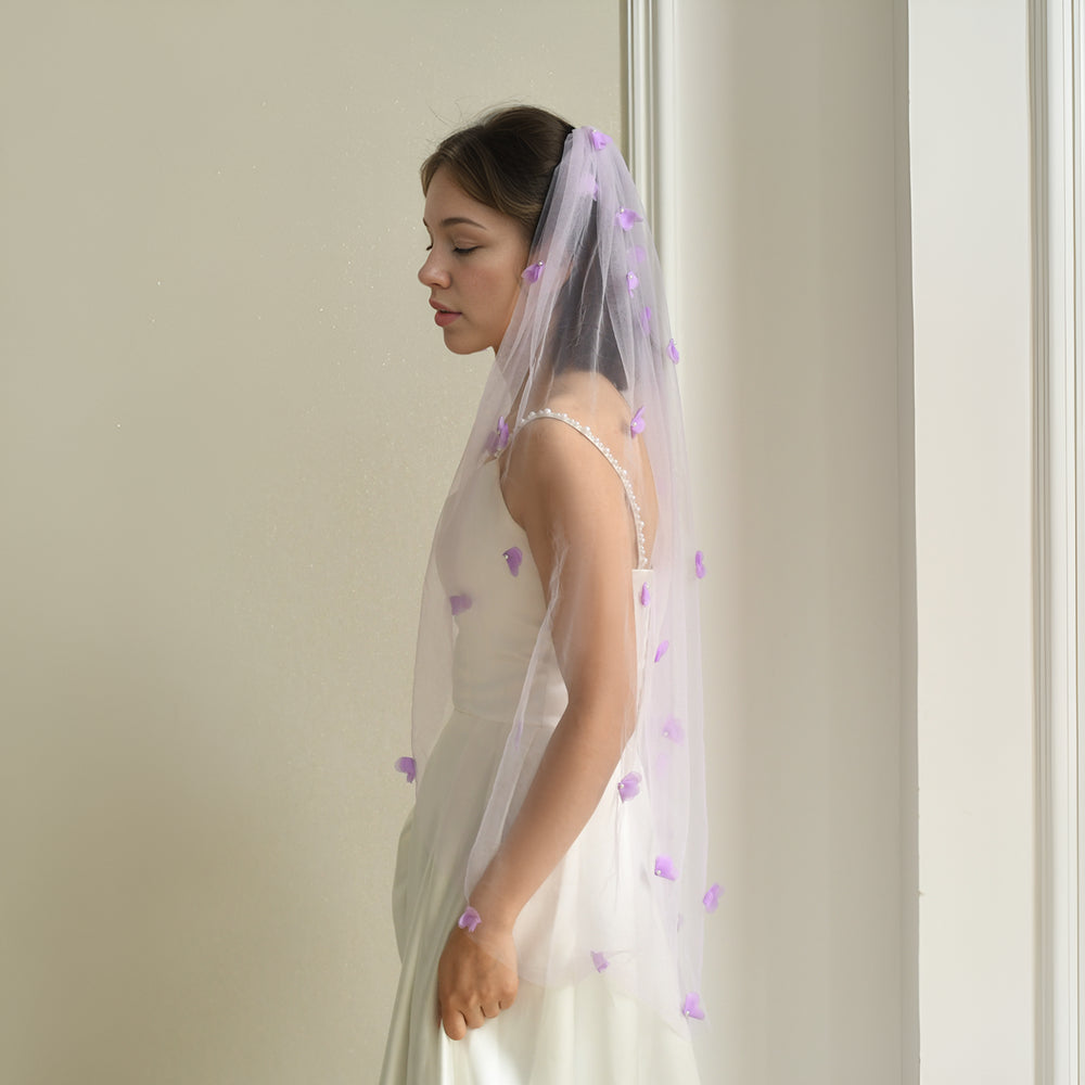BRIDELLA BM131  Purple Floral Flake Pearl Single-Layer Hair Comb Short Bridal Veil Wedding Accessories