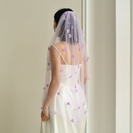 BRIDELLA BM131  Purple Floral Flake Pearl Single-Layer Hair Comb Short Bridal Veil Wedding Accessories