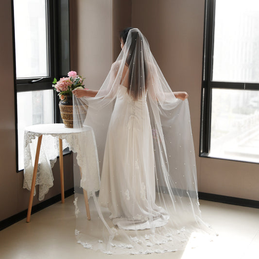 BRIDELLA BV52 Romantic Waltz Length 3D Floral Veil White Single-Layer Mesh with Comb