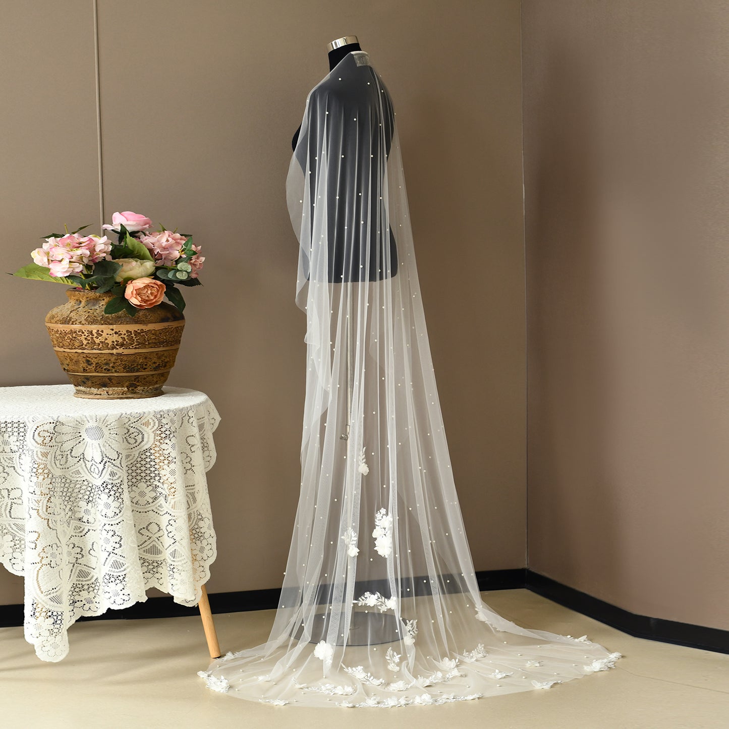 BRIDELLA BV52 Romantic Waltz Length 3D Floral Veil White Single-Layer Mesh with Comb